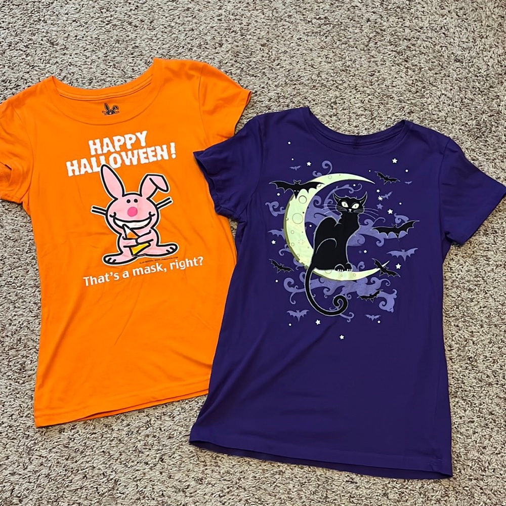 2 small Halloween T-shirts purple black cat moon & orange bunny